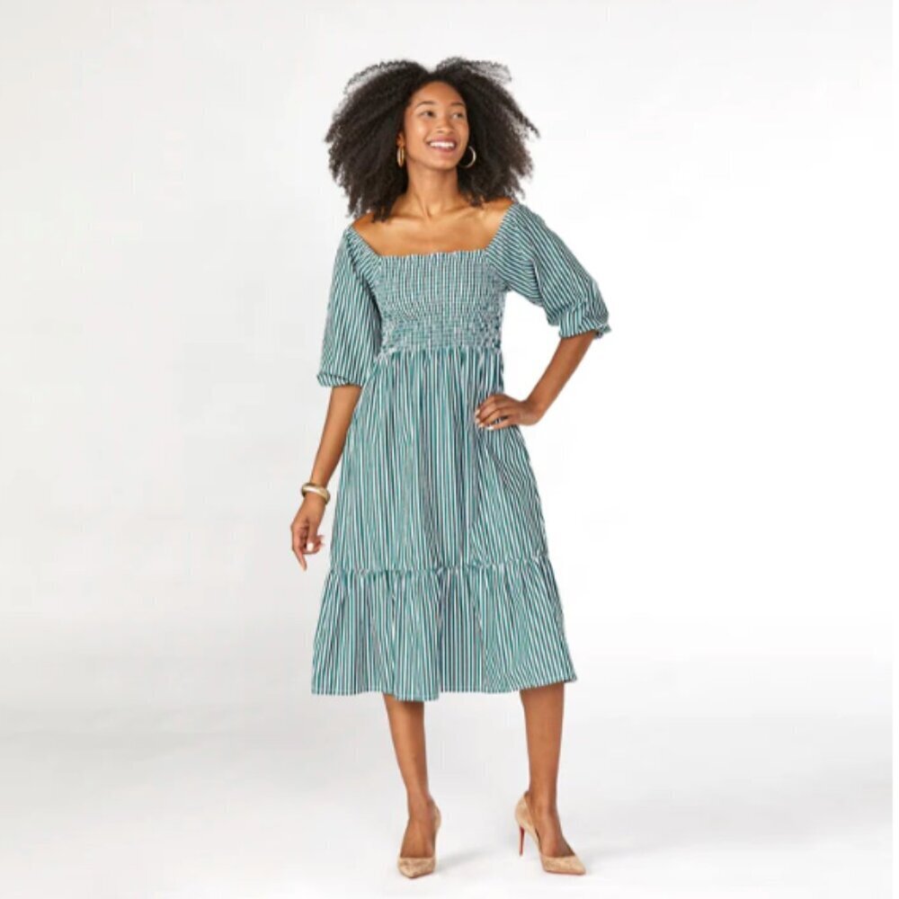 Maxwell & Geraldine Charlotte Smocked Cotton Striped Midi Dress Forest Green